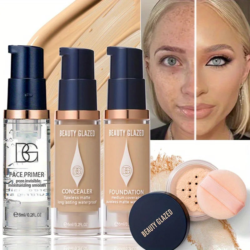 Magic Face Makeup Kit, Natural Moisturizing Primer, Long Lasting Waterproof Concealer Foundation 4pcs