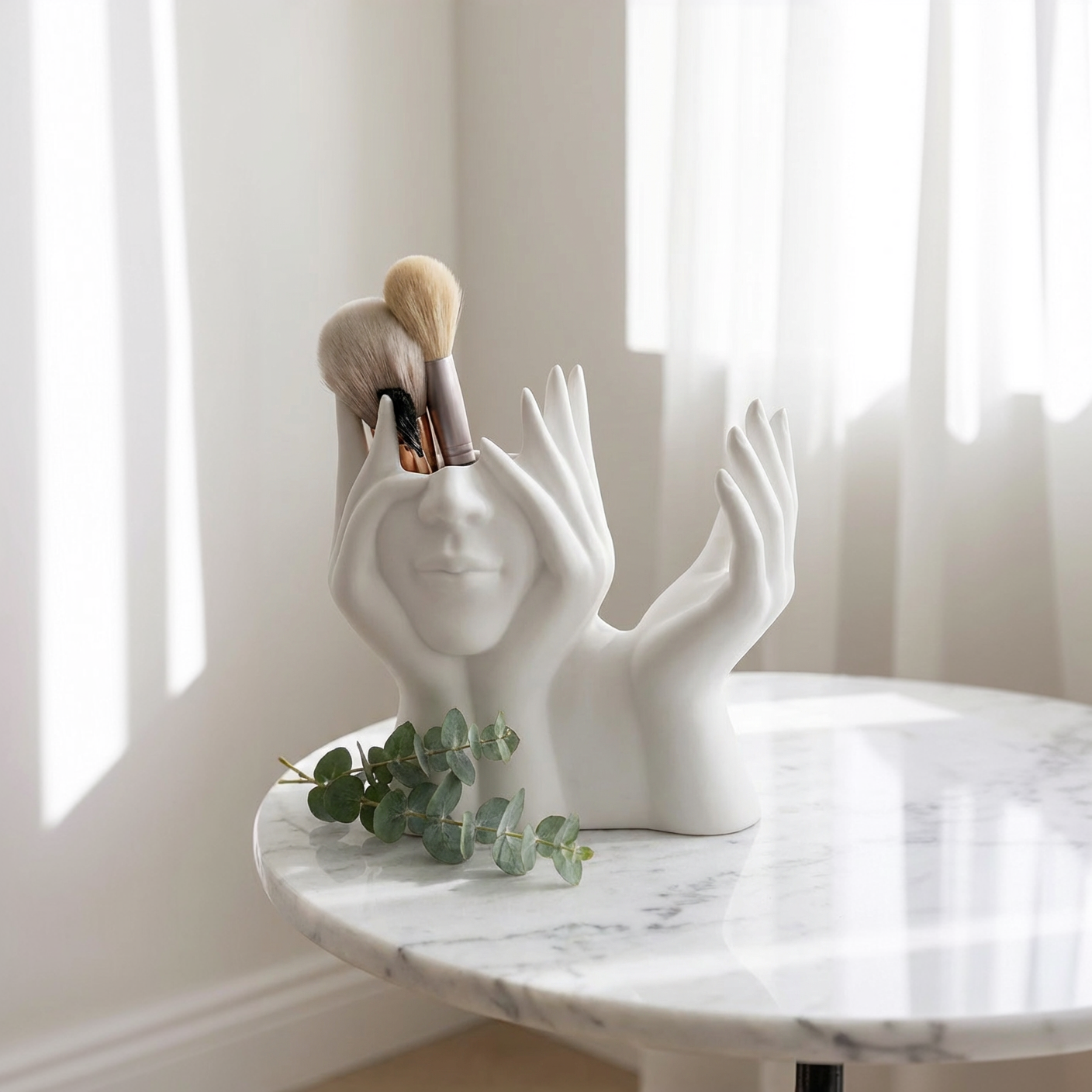 A modern white cosmetic organizer box with a hand-shaped design and heart-shaped cutout - an elegant and minimalist cosmetic